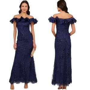 New Adrianna Papel Floral Lace Off The Shoulder Gown Blue Size 10